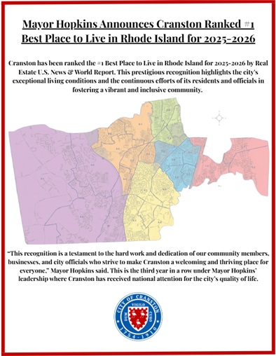 Mayor Hopkins Announces Cranston Ranked #1 Best Place to Live in Rhode Island for 2025-2026